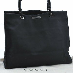 GUCCI Bamboo Hand Tote Bag Black Canvas, Authentic.